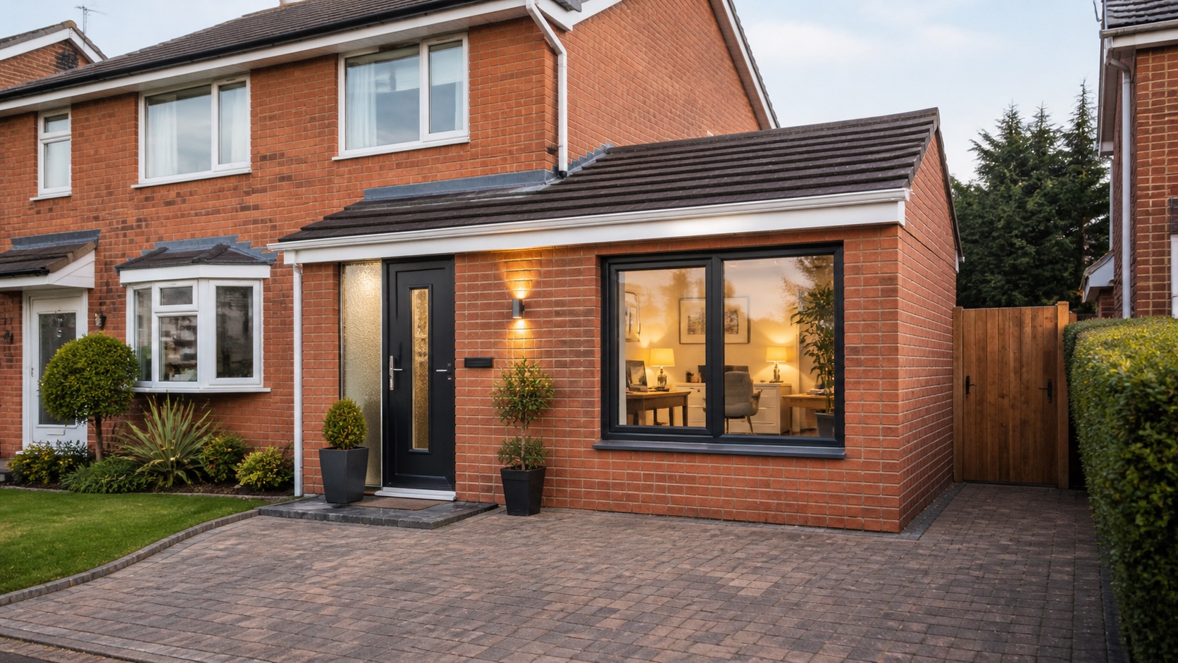 Finished garage conversion in Colchester with brickwork, modern window and warm home office interior